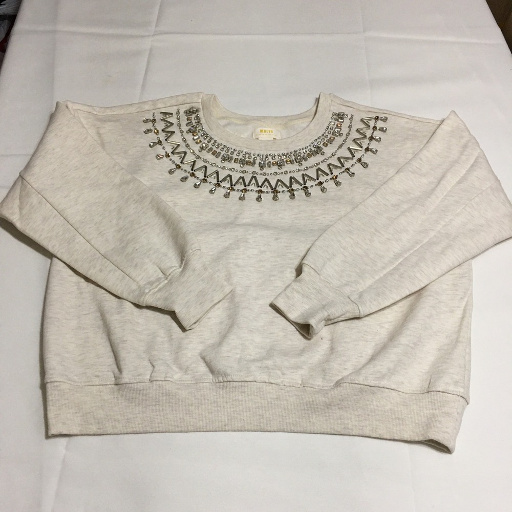 Maeve Anthropologie Sweatshirt Women Small Ivory Embellished Beaded Neckline